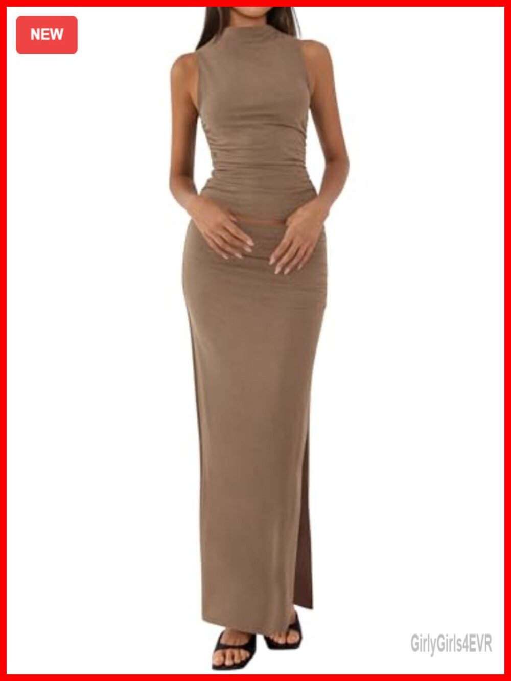 Two Piece Maxi Skirt Set Mock Neck Sleeveless Top Side Slit Summer Outfit